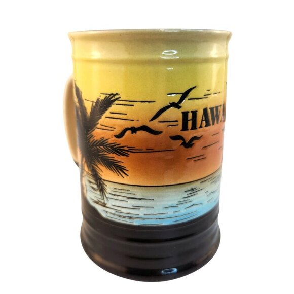 Hawaii Ceramic Beer Coffee Stein Mug Ocean Sunset & Palm Tree Design - Picture 4 of 6